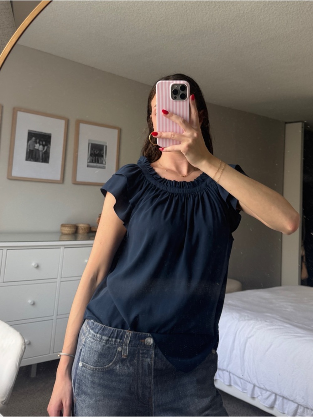 Ann Taylor Navy Short-Sleeve Ruched Neck Blouse